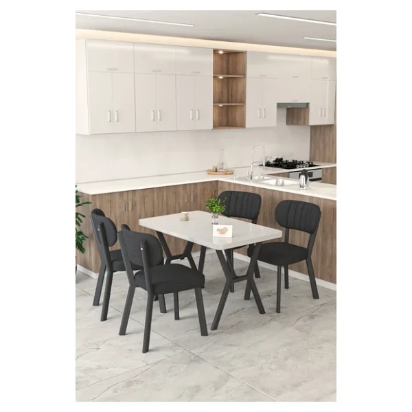 Mygusi Gnr 70x110cm Sabit Beyaz Mutfak Masası Takımı, Yemek Masası, 4 Modern Siyah Sandalye - Görsel 2