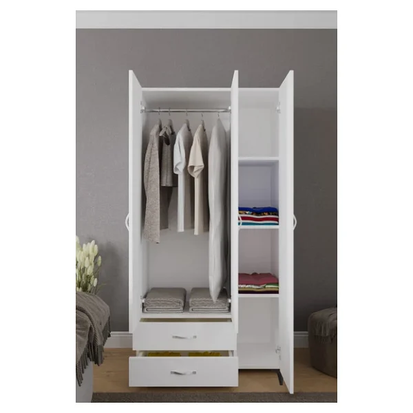 Mavera 3 Kapaklı 2 Çekmeceli Gardrop, Beyaz, 90 cm - Görsel 2