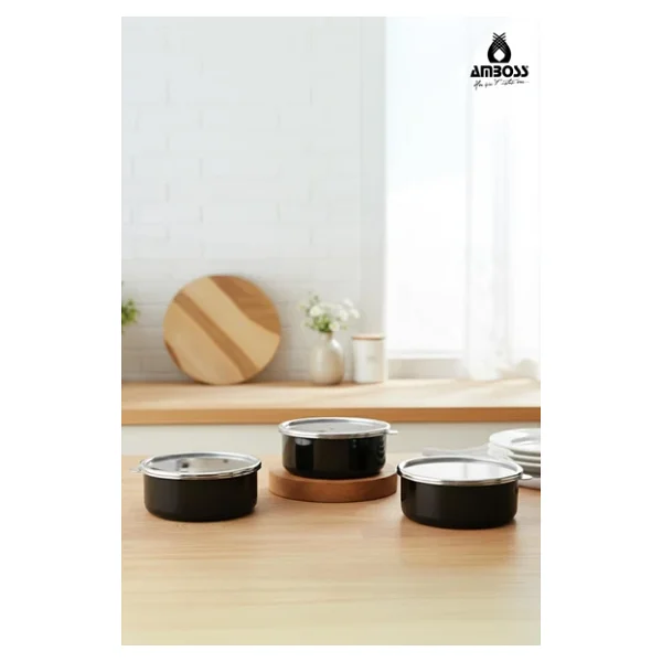 Amboss Crispella Siyah 14-16-18 cm 3'lü Emaye Saklama Kabı - Görsel 3