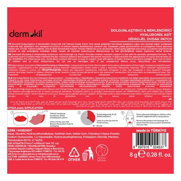 Dermokil Dolgunlaştırıcı Nemlendirici Hyaluronik Asit Hidrojel Patch Dudak Maskesi X 5 Adet - Görsel 6
