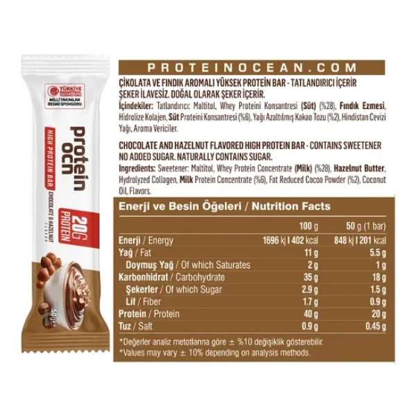Proteinocean Çikolata Ve Fındık Aromalı Yüksek Protein Bar 50 G (2 Adet) - Görsel 3