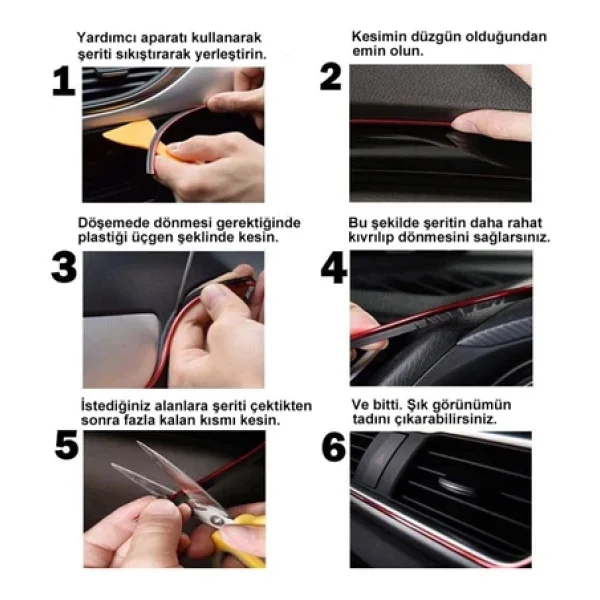 Ottoman Kırmızı Trim Fitil Araç Içi Torpido Fitil Yeni Nesil Nikelaj Ip Şerit 5m - Görsel 7