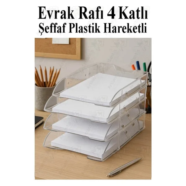 Evrak Rafı 4 Lü Şeffaf Masaüstü 1 Paket Plastik Evrak Rafı Masa Üstü Şeffaf Hareketli A4 Dosya Düzenliyici Kağıt Tepsisi - Görsel 2