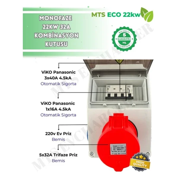 Mtsevcharger 22 Kw Trifaze Taşınabilir Elektrikli Araç Şarj Cihazı Kombinasyon Kutusu 5x32 + 1x16 V'ko - Görsel 2