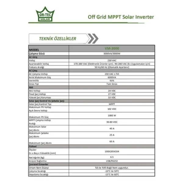 Ortec Solar 24v 3kW/3000va Mppt Tam Sinüs Akıllı İnverter - Görsel 2
