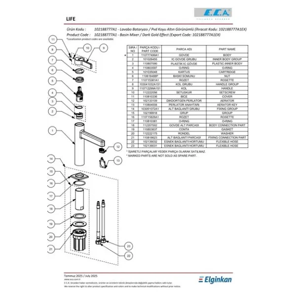 E.C.A. Life 102188777A1 Altın Lavabo Bataryası - Görsel 4