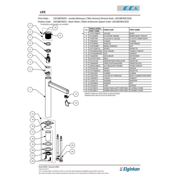 E.C.A. Life 102188782C5 Yüksek Tip Mat Antrasit Lavabo Bataryası - Görsel 3
