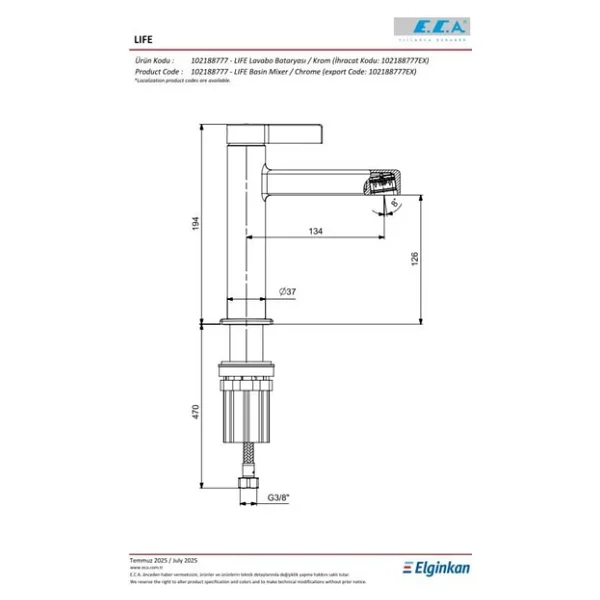 E.C.A. Life 102188777A1 Altın Lavabo Bataryası - Görsel 3