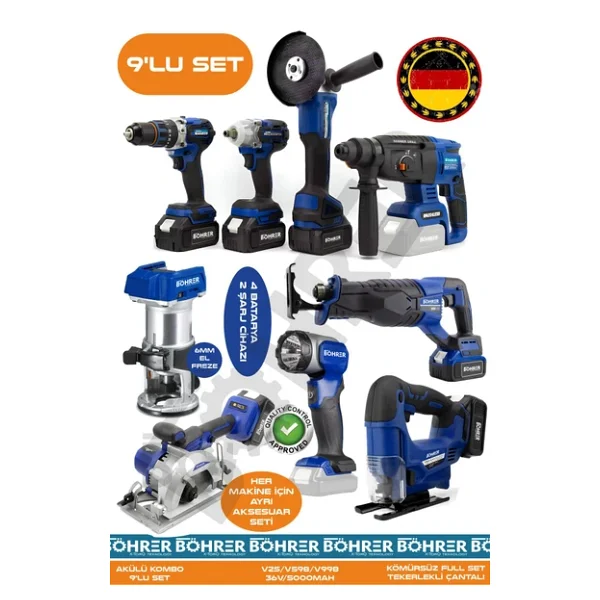 BÖHRER Alman 9 Makine Kombo Set Ba01093k 4 Akülü 2 Şarjlı Kömürsüz V598 5ah Profesyonel - Red Kirmizi - Görsel 3