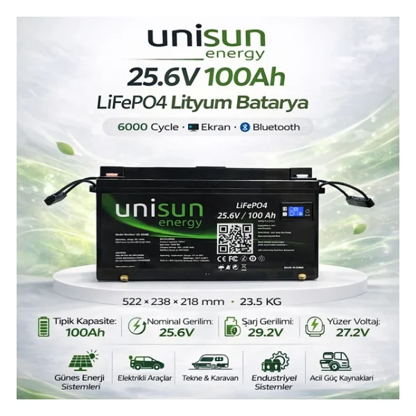 Unisun 25,6V 100Ah LiFEPO4 Batarya 6000 Cycle Ekran Bluetooth - Görsel 5