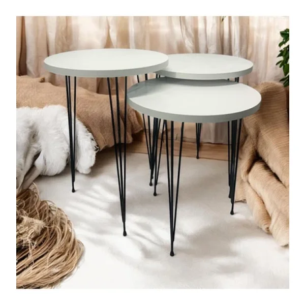 mobilyacın 3'lü Zigon Sehpa (BEYAZ) Yuvarlak Model Zigon Sehpa Metal Tel Ayak - Görsel 2