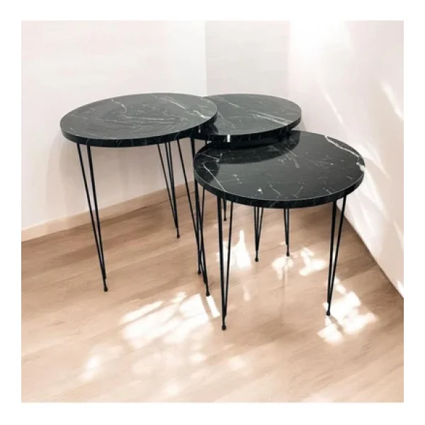 mobilyacın 3'lü Zigon Sehpa (SİYAH MERMER) Yuvarlak Model Zigon Sehpa Metal Tel Ayak - Görsel 2