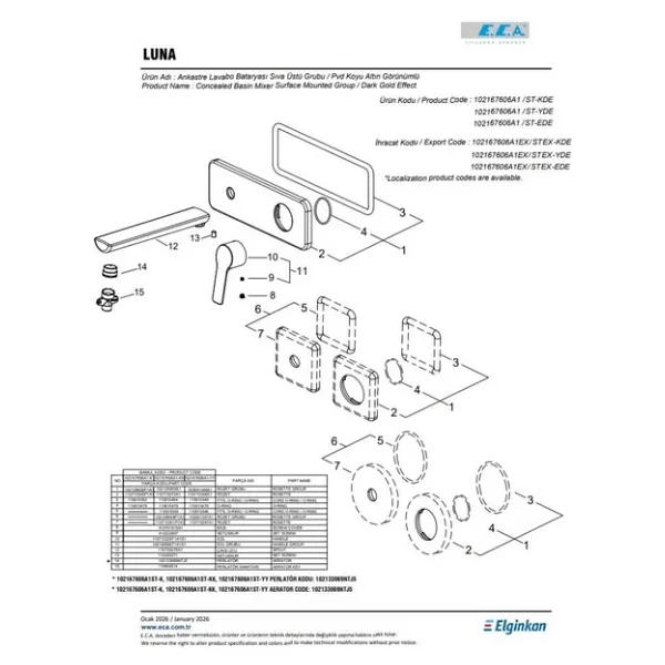 E.C.A. Luna 102167606A1-K Tek Rozetli Altın Ankastre Lavabo Bataryası - Görsel 3