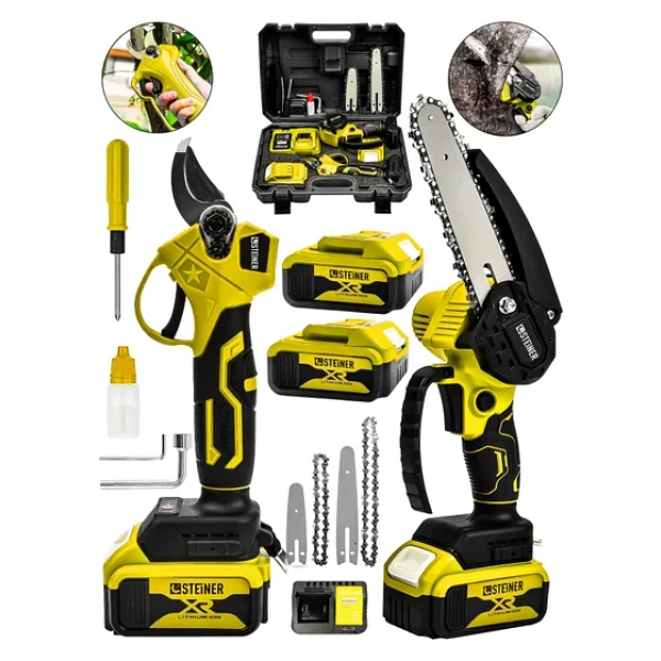 Steiner 18V Çift Akülü Çelik Şanzıman 35MM Dal Budama Makası & 15CM Budama Testeresi 2 Li Set Sarı - Görsel 4