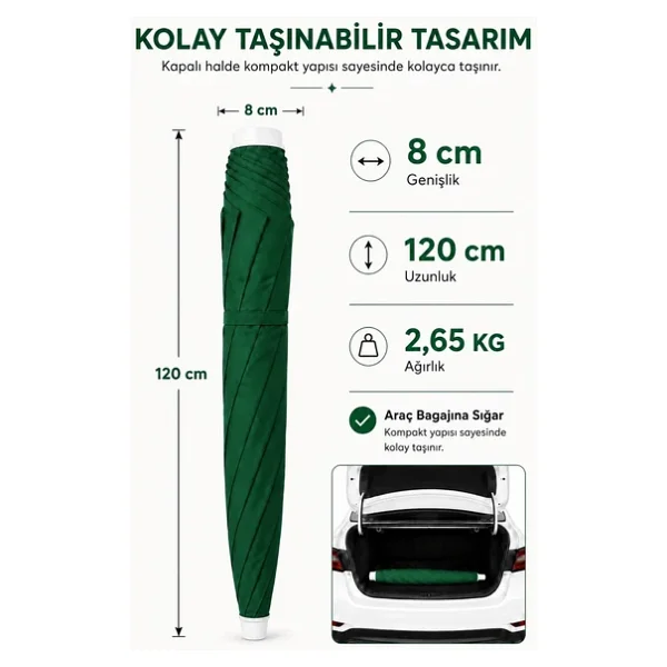 Yeşil Plaj Şemsiyesi 200 Cm Çap /10 Telli, Polyester Kumaş Yeşil - Görsel 3