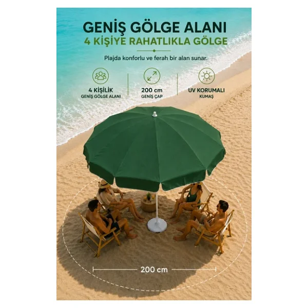 Yeşil Plaj Şemsiyesi 200 Cm Çap /10 Telli, Polyester Kumaş Yeşil - Görsel 7