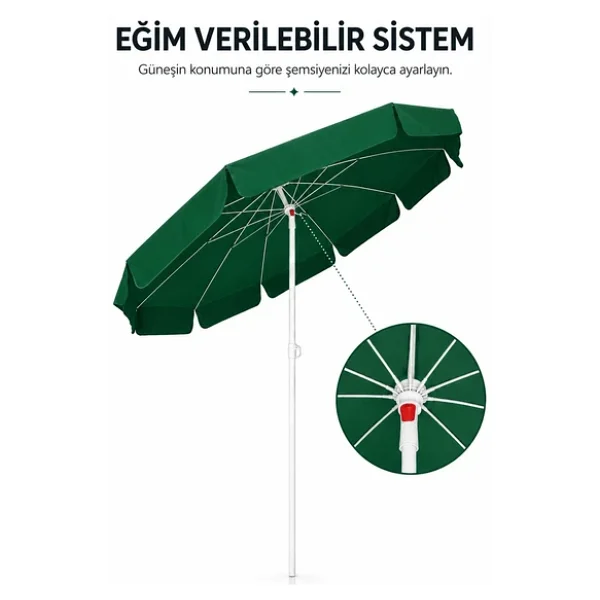 Yeşil Plaj Şemsiyesi 200 Cm Çap /10 Telli, Polyester Kumaş Yeşil - Görsel 2