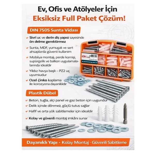 Civtex 342 Parça 12 Çeşit Vida, Dübel Ve Pul Seti - Dın 7505 Sunta Vidası, Organizer Kutulu - Görsel 5