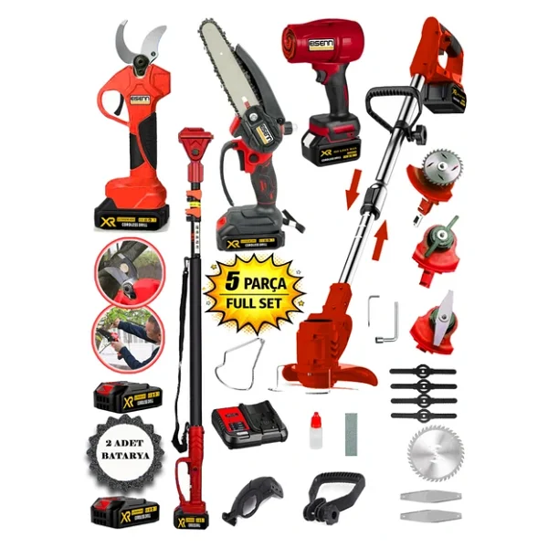 Eısenn Red 500 Full 5 Li Bahçe Seti Makas 17 Cm Testere Hava Üfleme Çim Biçme Teleskop +2 Akülü - Görsel 2