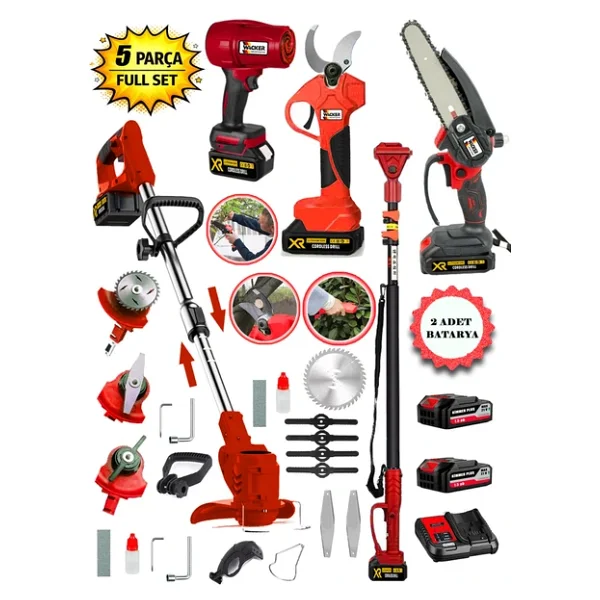 Prowackers Pro Red W-770 5 Li Bahçe Seti Teleskop+Makas 17 Cm Testere Hava Üfleme Çim Biçme +2 Akülü - Görsel 2