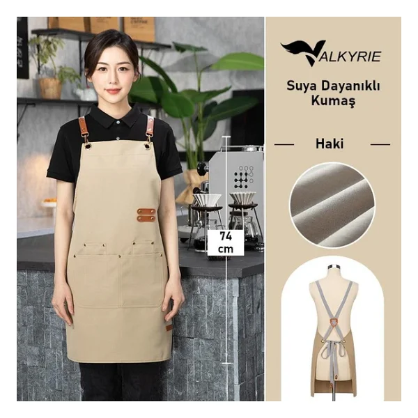 Valkyrie Suya Dayanıklı Barista Önlüğü Haki Ayarlanabilir Askılı Cepli Mutfak Kafe Garson Önlüğü Haki 74 cm - Görsel 4