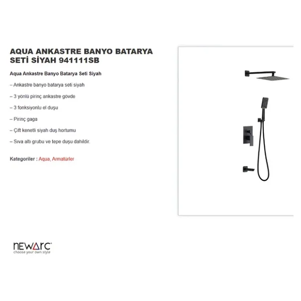 Newarc Aqua 941111SB Valfsiz Siyah Ankastre Duş Seti - Görsel 4