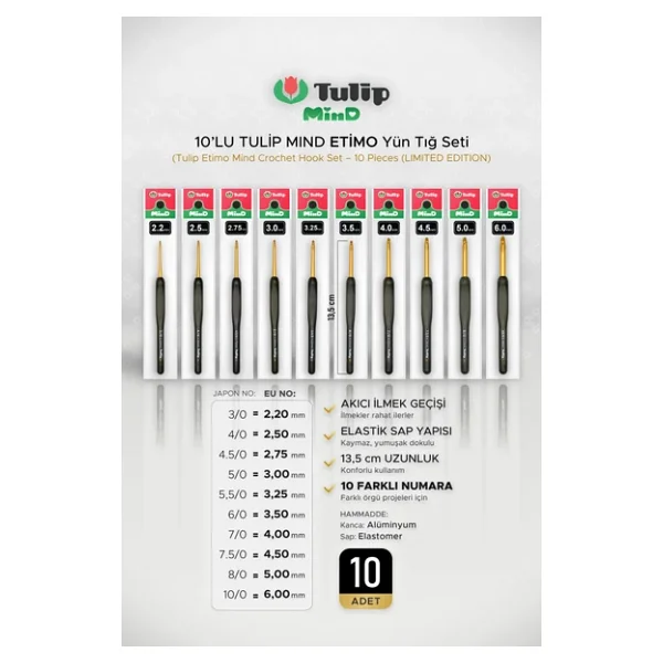 Tulip Etimo MIND - 10'lu Set- Elastik Silikon Saplı Yün Tığ - 10 Adet Etimo Tığ - Görsel 2