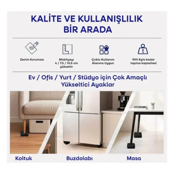 Tineke Robot Süpürge Mobilya Ayağı ve Dolap Yükseltici Ayak Kaydırmaz ve Yükseltici 4 Lü Siyah Kare 4 cm - Görsel 7