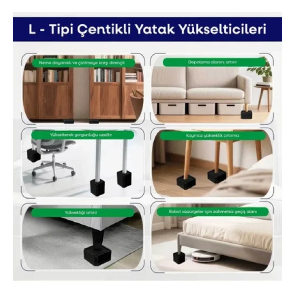 Tineke Robot Süpürge Mobilya Ayağı ve Dolap Yükseltici Ayak Kaydırmaz ve Yükseltici 4 Lü Siyah Kare 4 cm - Görsel 6
