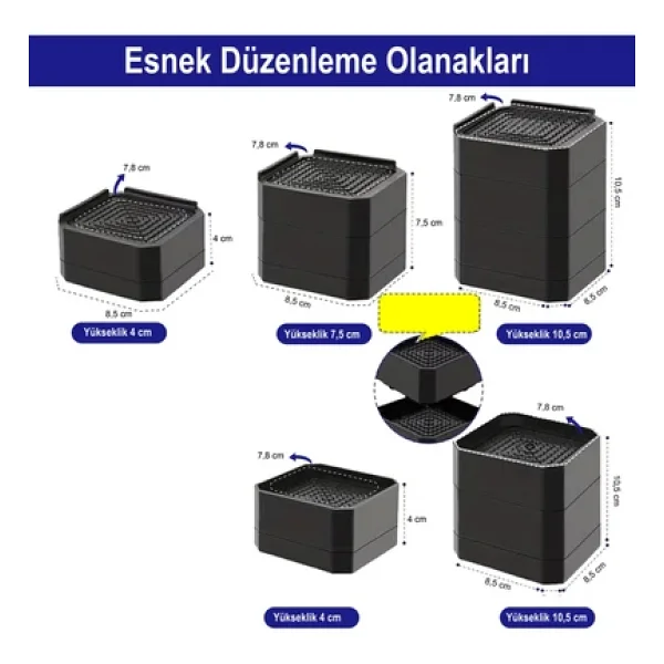 Tineke Robot Süpürge Mobilya Ayağı ve Dolap Yükseltici Ayak Kaydırmaz ve Yükseltici 4 Lü Siyah Kare 4 cm - Görsel 8