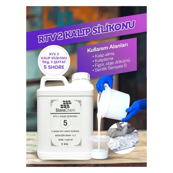 stonechem Yüksek Kalite 1. Sınıf RTV 2 Kalıp Silikonu 5 KG YARI ŞEFFAF 5 SHORE - Görsel 2