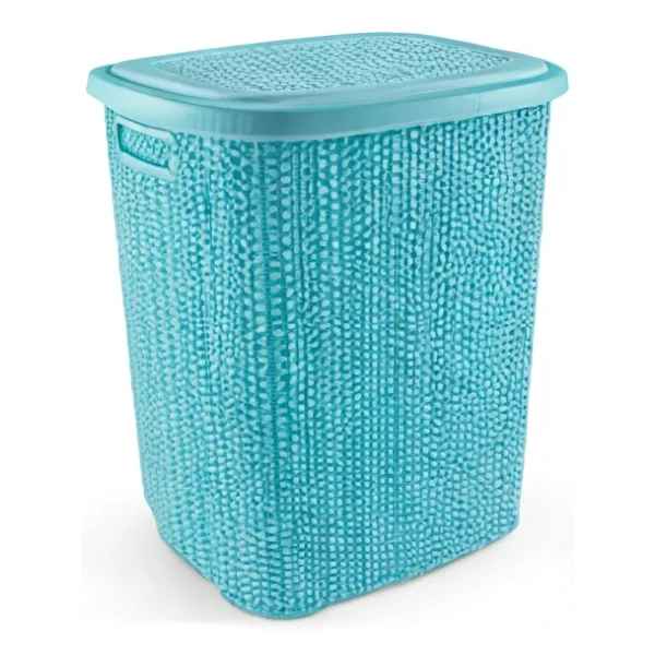 Kirli Çamaşır Sepeti Kapaklı 65 Lt Örgü Desenli Plastik Çamaşır Sepeti Banyo Sepeti - Turkuaz - Görsel 7