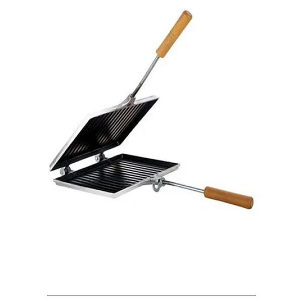Dış Döküm İç Teflon Çift Taraflı Ahşap Tahta Saplı Kancalı Ocak Üstü Çizgili Tost Tavası Kıskacı - Görsel 4