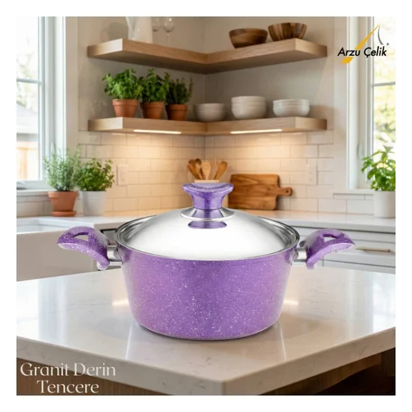 Arzu Çelik Kapaklı Violet 20 cm Derin Granit Tencere - Görsel 7