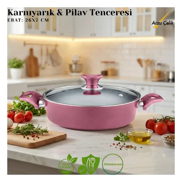 Arzu Cam Kapaklı Mürdüm 26 cm Granit Pilav Tenceresi - Görsel 6