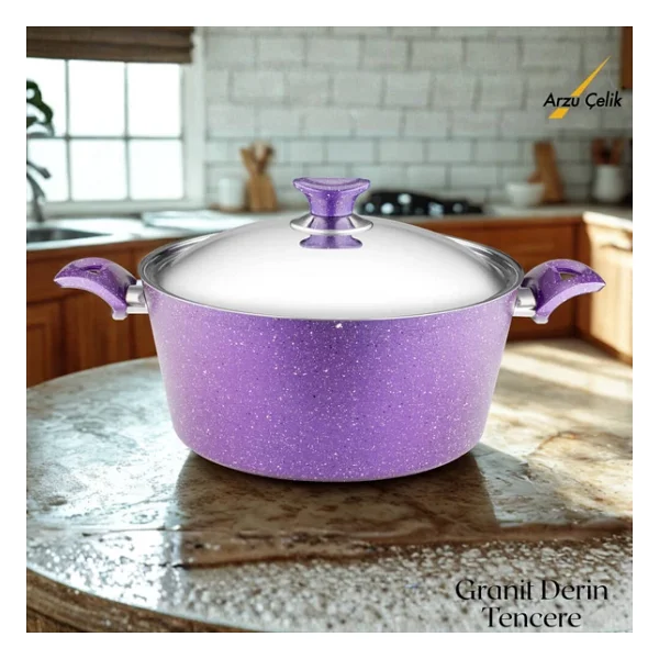 Arzu Çelik Kapaklı Violet 28 cm Derin Granit Tencere - Görsel 7