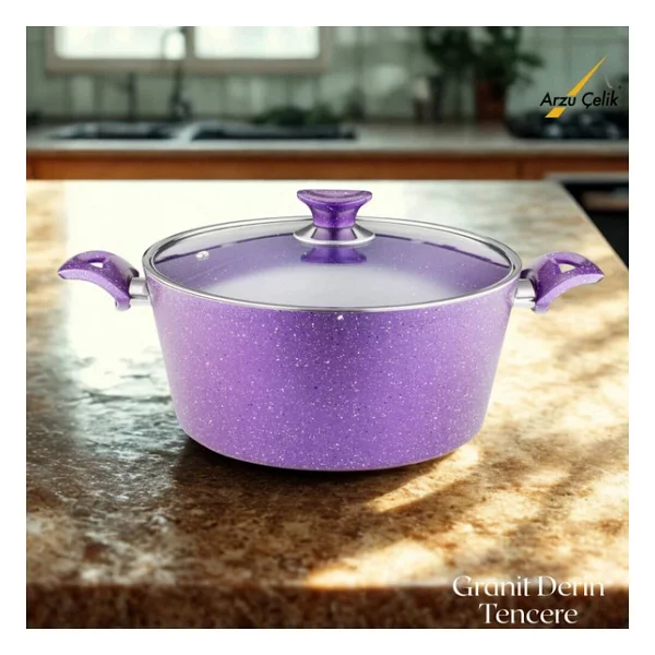 Arzu Cam Kapaklı Violet 28 cm Derin Granit Tencere - Görsel 7