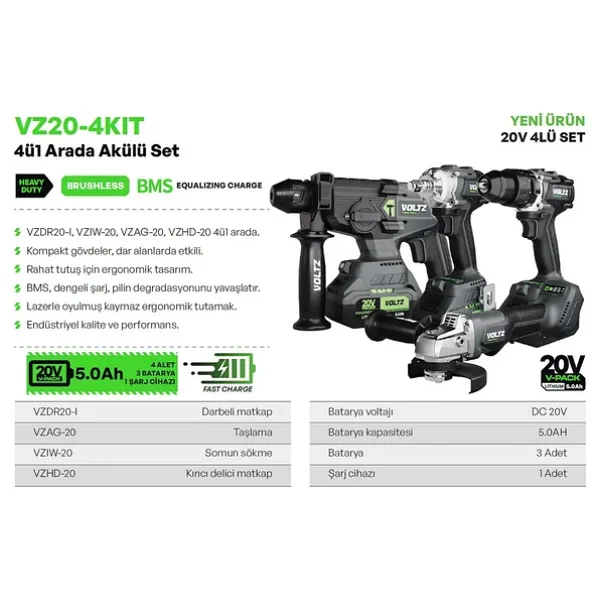 Voltz VZ20-4Kit 4ü1 Arada Akülü Matkap Set 20 V 5 Ah 4'lü Akülü Set - Görsel 6