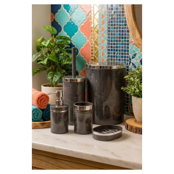 MAKRİ HOME 5 Parça Akrilik Banyo Seti, Şık ve Kaliteli Akrilik, Gümüş Renk Detaylı, Gri Mermer Desen - Görsel 7