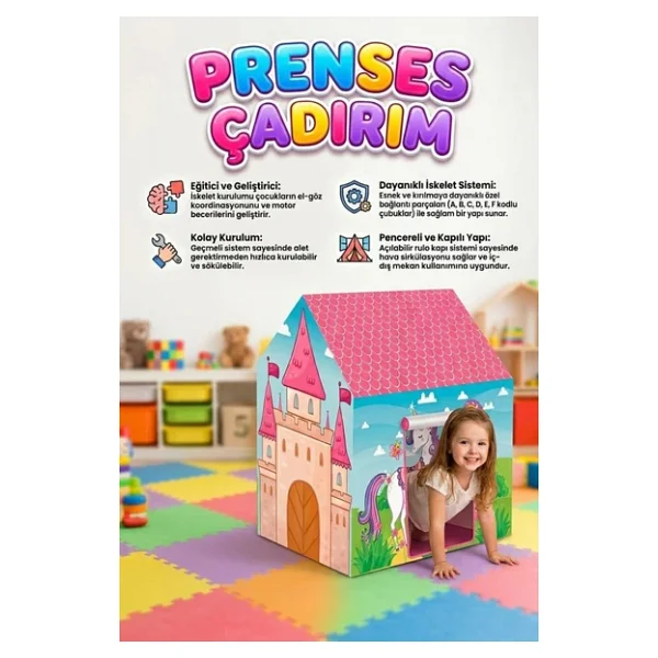 Prenses Ve Unicorn Temalı 100X70cm Kolay Kurulum Dayanıklı Çocuk Oyun Çadırı - Görsel 2