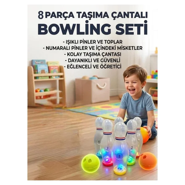 8 Parçalı Şeffaf Işıklı Ve Sesli 6'Lı Labutlu 2 Toplu Taşıma Çantalı Oyuncak Bowling Seti - Görsel 3
