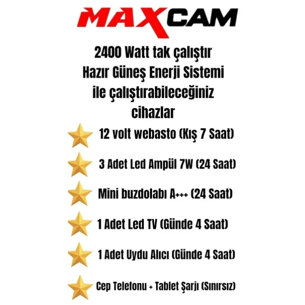 maxcam 2400 WATT TV, Buzdolabı, Aydınlatma İçin Güneş Enerji Sistemi Bağ Evi Ve Karavan Solar Sistem - Görsel 3