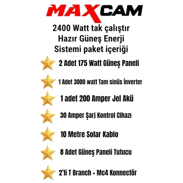 maxcam 2400 WATT TV, Buzdolabı, Aydınlatma İçin Güneş Enerji Sistemi Bağ Evi Ve Karavan Solar Sistem - Görsel 2