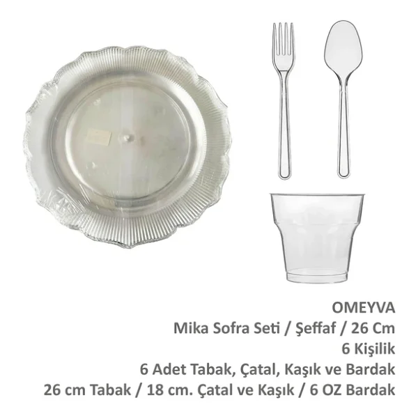 Omeyva 26 Cm. Plastik Mika Şeffaf Sorfa Piknik Seti - 6 Kişilik Tabak Bardak Çatal Kaşık Takımı - Görsel 3