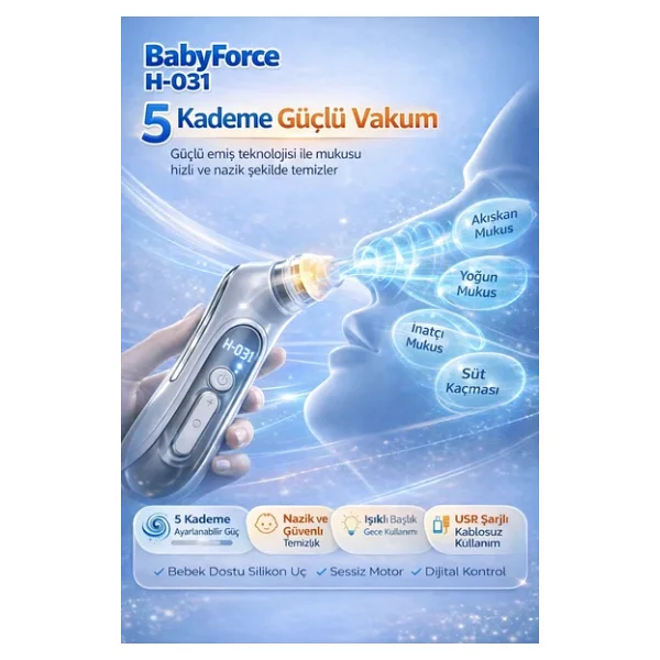Babyforce H-031 Kendini Temizleyen Bebek Burun Aspiratörü 0-12 Yaş Işıklı Müzikli Şarjlı - Görsel 3