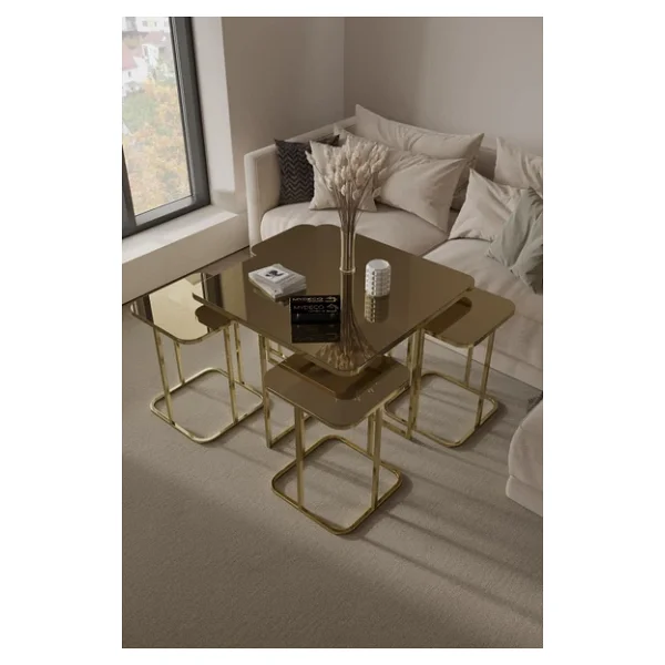 home plus mobilya 5'li Radüslü Gold Kaplama Bronz Aynalı Orta Sehpa & Zigon Sehpa & Yan Sehpa & Bohem Sehpa Takımı - Görsel 2