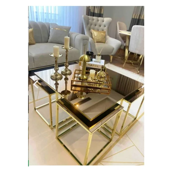 MYDECO Madrid 5'li Gold Kaplama Bronz Aynalı Orta Sehpa & Zigon Sehpa & Yan Sehpa & Bohem Sehpa Takımı - Görsel 4