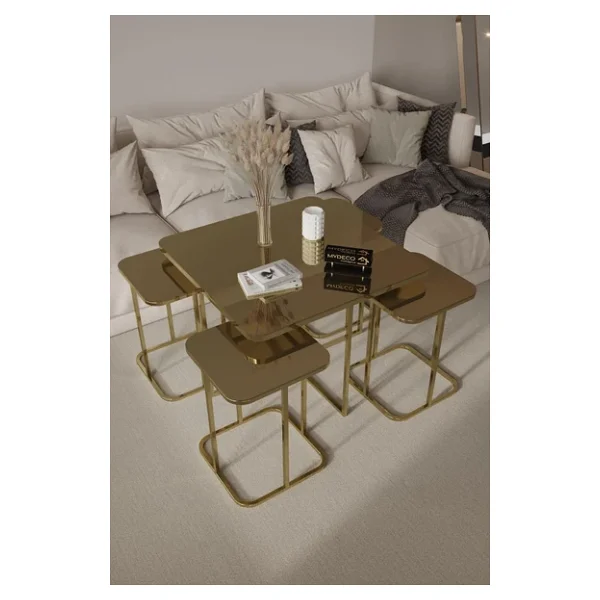 home plus mobilya 5'li Radüslü Gold Kaplama Bronz Aynalı Orta Sehpa & Zigon Sehpa & Yan Sehpa & Bohem Sehpa Takımı - Görsel 3