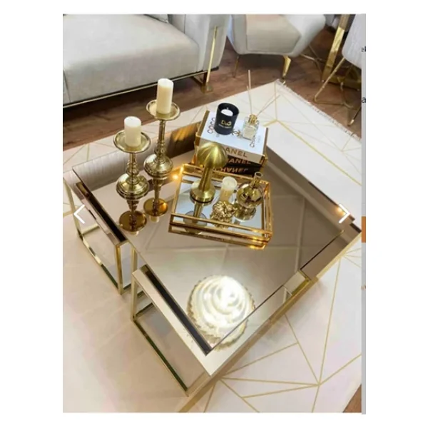 MYDECO Madrid 5'li Gold Kaplama Bronz Aynalı Orta Sehpa & Zigon Sehpa & Yan Sehpa & Bohem Sehpa Takımı - Görsel 5