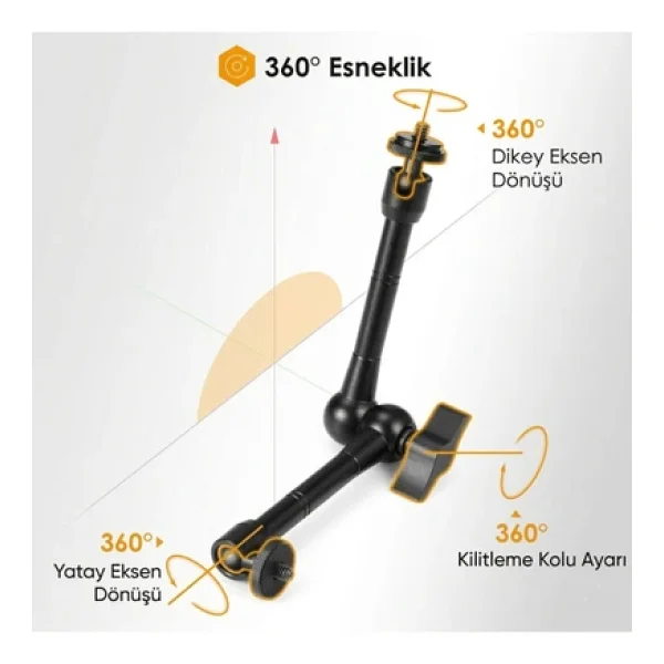 Coverzone Profesyonel Magic Arm DSLR Kamera Tutucu Süper Kelepçeli Mengene Stand, 1/4 3/8 Dişli Flaş Pabuçlu Esnek Mafsallı Kol Tripod Masa Gidon Monitör Mikrofon Aksiyon Kamera Sabitleme, MG01, Siyah - Görsel 3